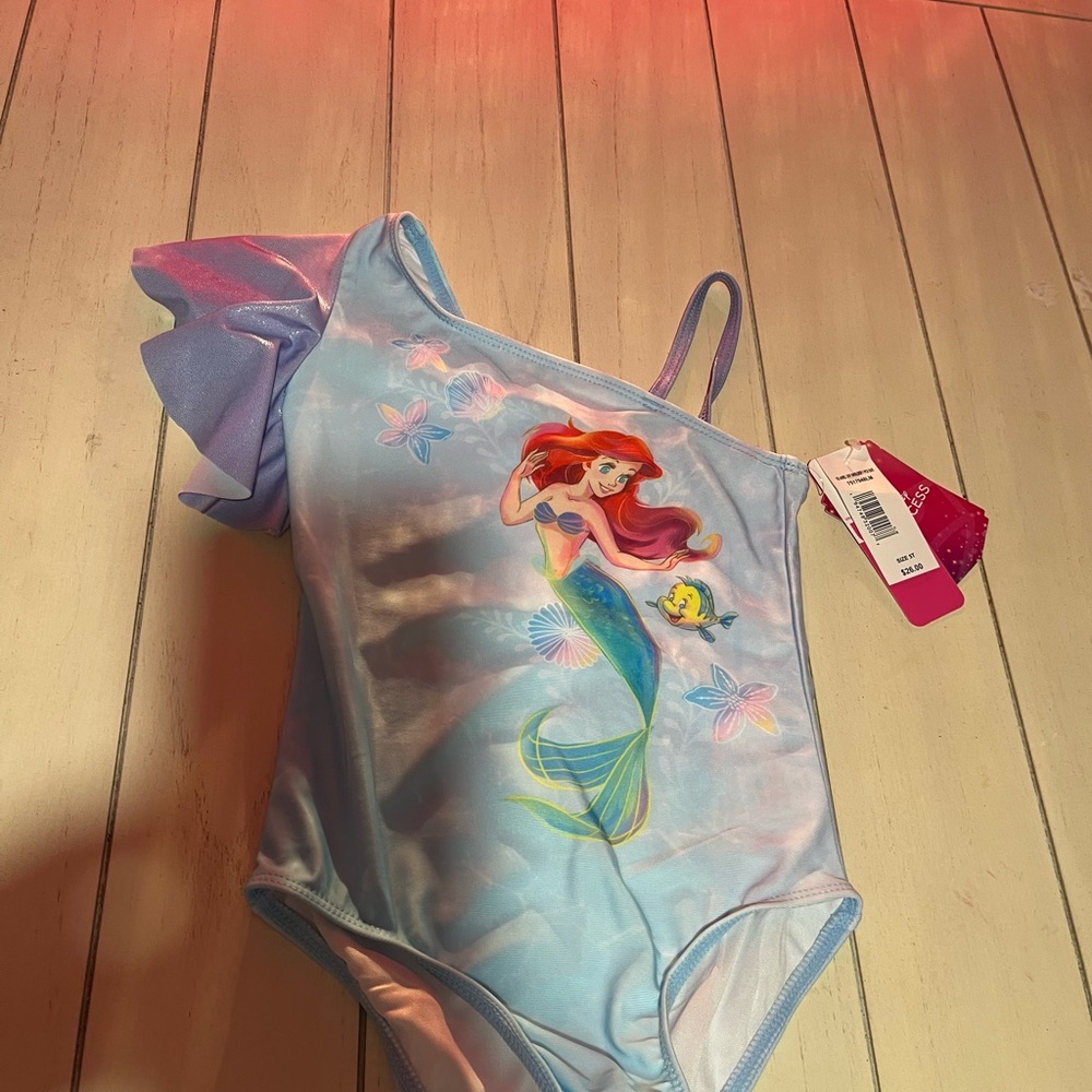 Disney Girls' Light Blue Ariel One-Shoulder Ruffle Swimsuit 5 t NEW